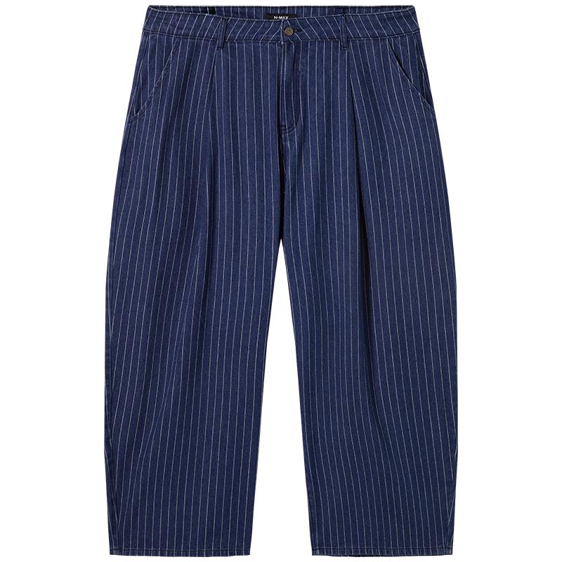 NMAX大码潮牌男装25年秋新品原色条纹牛仔裤平腰头垂顺脚口直筒裤