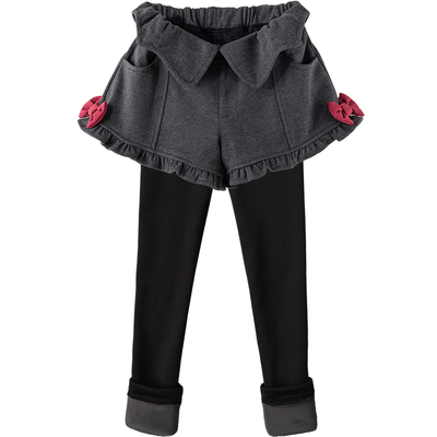 女童毛呢假两件加绒加厚长裤