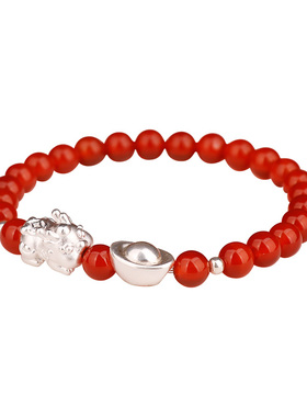 999纯银貔貅元宝天然红玛瑙手串