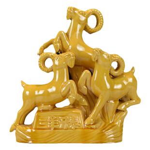 洛邑三彩陶瓷羊摆件唐三彩三羊开泰风水补角黄色陶土家居生肖装饰