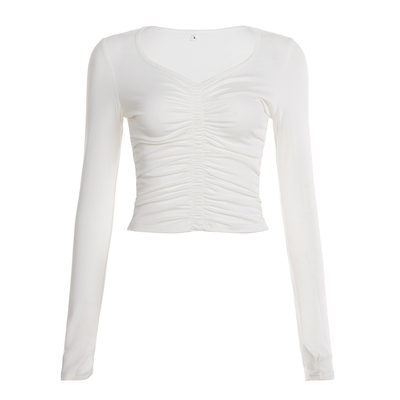 辣妹风褶皱修身V领低胸长袖T恤