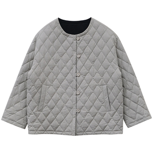 一三良品小个子 双面穿 宽松拼色圆领菱形格白鸭绒羽绒服外套女冬