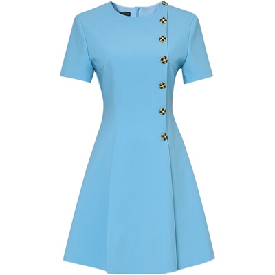 2025夏季新款时尚气质蒂芙尼兰收腰修身纽扣装饰显瘦A摆连衣裙女