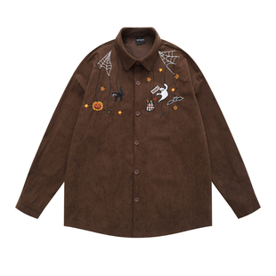 HTTAOSUP欧美卡通刺绣灯芯绒衬衫外套男女潮牌秋季古着感长袖衬衣