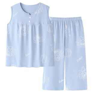 女夏天中老年睡衣纯棉背心中裤中年妈妈加肥加大码无袖家居服套装