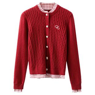 夕蒙2025新款冬季韩系气质上衣绝美慵懒高级感红色拼接开衫毛衣女