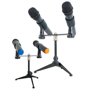 U型夹多头麦克风架 双头左右平衡无线话筒架 加厚一托二咪头支架