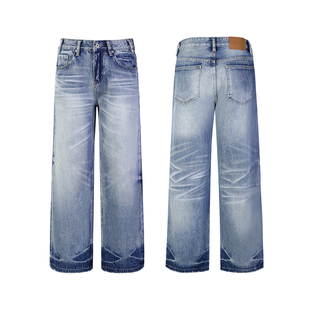 ALLFIT 竹节纹A字直筒蓝牛13盎司超柔赛络纺宽松百搭水洗牛仔裤男