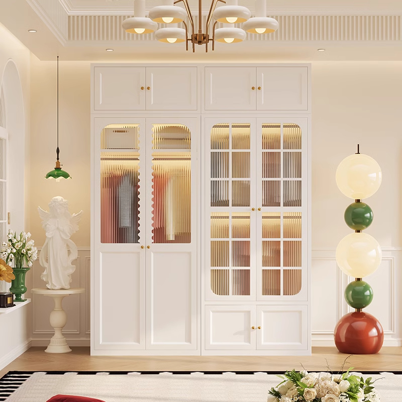 法式复古钢制衣柜收纳柜衣橱家用储物柜中古风卧室环保铁皮挂衣柜