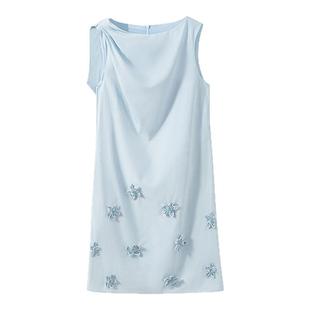 【高定水准】手工钉珠 不对称捏褶一字领无袖直筒立体花朵连衣裙