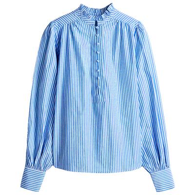 HM女装衬衫夏季半开襟时尚通勤休闲褶皱领棉质花边衬衣衫1270106