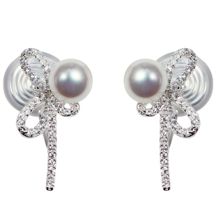 无洞珍珠丝带蝴蝶结微镶闪锆一体式蚊香盘耳夹甜美气质耳钉女耳饰