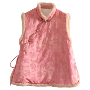 美伦柔粉庭花新中式夹棉马甲女2025桑蚕丝提花水貂毛上衣遮肉显瘦