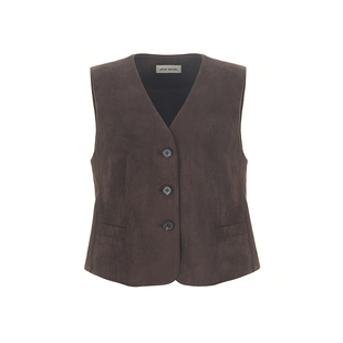 wana try仿麂皮质感柔软复古深咖色马甲2026早春新品气质女款上衣