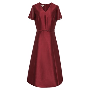 BBLLUUEE/粉蓝衣橱夏装东方雅致钉珠纱袖喜庆宴会红礼服V领连衣裙