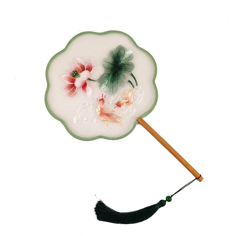 苏绣团扇古风扇子儿童汉服夏天长柄女童舞蹈扇刺绣古装小圆扇双面