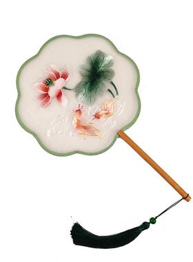 苏绣团扇古风扇子儿童汉服夏天长柄女童舞蹈扇刺绣古装小圆扇双面