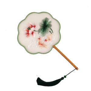 苏绣团扇古风扇子儿童汉服夏天长柄女童舞蹈扇刺绣古装小圆扇双面