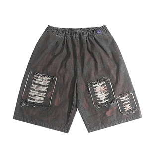 UUCSCC嘻哈潮牌破洞补丁vtg五分裤vintage阔腿直筒七分牛仔短裤男