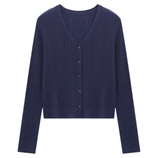 Basic House/百家好V领短款针织开衫早春百搭羊毛上衣毛衣针织衫