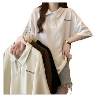 华夫格翻领POLO衫短袖T恤女夏宽松大码潮ins半袖复古港风chic上衣