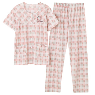 短袖中老年人夏天纯棉睡衣套装女士夏季加大码休闲妈妈格子家居服