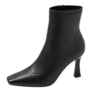 [明星同款]康莉羊皮法式时尚小短靴秋冬加绒保暖瘦瘦靴高跟靴子女