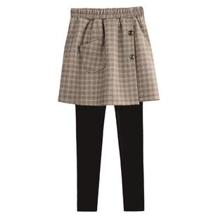 打底裤女秋冬外穿新款假两件格子毛呢短裙纯棉大码裙裤一体假两件