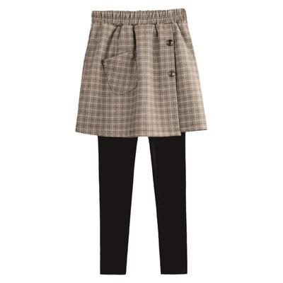 毛呢格纹假两件秋冬加绒裙裤