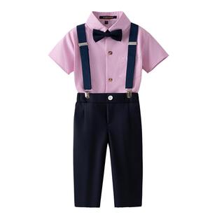 罗蒙花童男童礼服套装2025新款粉色衬衫短袖套装时髦复古洋气春夏