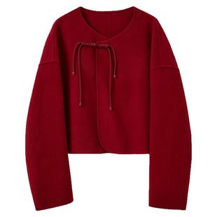 三彩【踏雪寻梅】2025冬季新款双面呢大衣盘扣绵羊毛呢外套C