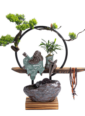 中式风迎客松喷泉禅意流水摆件