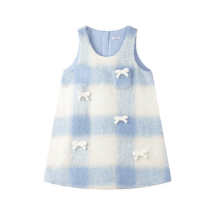 【雪国童话】毛绒蓝白格纹呢女童蝴蝶结背心裙冬季连衣裙舞台礼服