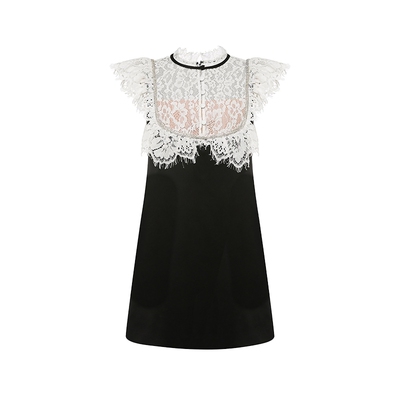 Maison Wester2025夏季新款女千金风黑底白蕾丝拼接连衣裙