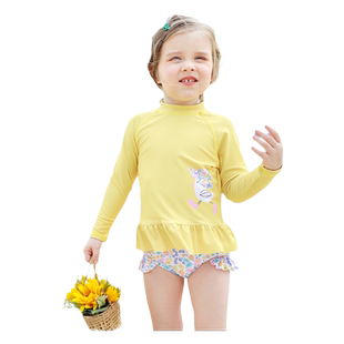 ins儿童沙滩泳衣女童防晒中小童幼童分体长袖拉链游泳套装冲浪服