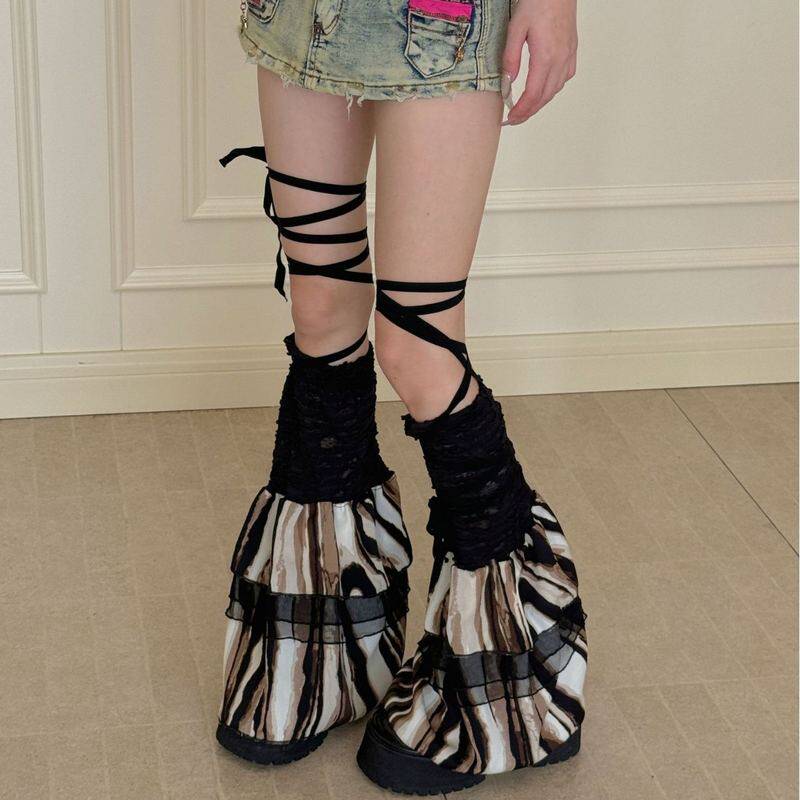 PATTKIN辣妹时尚设计感豹纹小袜拼接搭亚文化腿众套女百堆堆绑带