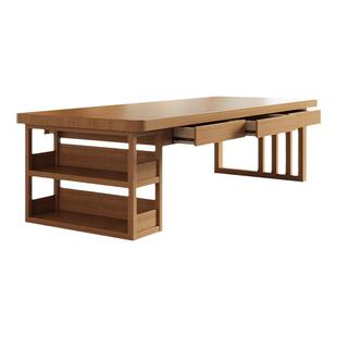 客厅实木书桌书架一体带抽屉书柜长桌家用工作办公桌学习写字桌子