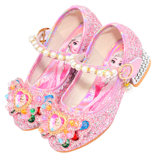 女童高跟单鞋2026春秋新款儿童冰雪奇缘公主鞋小女孩艾莎水晶皮鞋