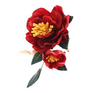 七色微光蝴蝶发夹女红色头饰山茶花旗袍古风配敬酒中式订婚簪子