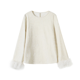 新中式国风丝绒圆领上衣女加绒小衫宽松长袖内搭真毛鸵鸟毛打底衫