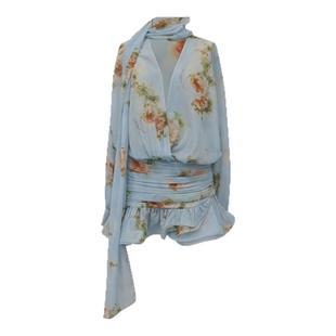 ARTE PURA浅蓝飘带印花连衣裙纯欲v领衬衫短裙海边度假收腰A字裙