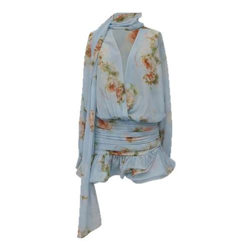 ARTE PURA浅蓝飘带印花连衣裙纯欲v领衬衫短裙海边度假收腰A字裙