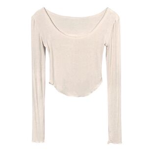 纯欲微透超低U领显胸大打底衫性感紧身长袖白t恤短款独特上衣女春