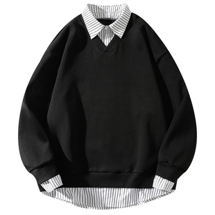 2026学院风衬衫领假两件卫衣男春秋新款美式宽松打底衫叠穿外套潮