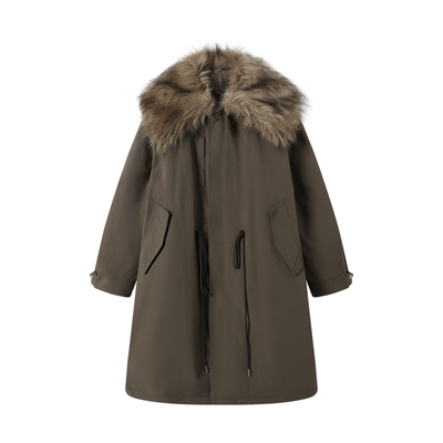 TGNS中长款拼接大毛领风衣外套