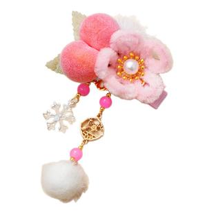 古风小桃仙汉服发夹绒花头饰少女可爱花朵流苏毛球对夹百搭配饰品