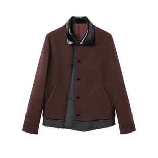 芸蚁〔县城诗人〕多形态特殊仿毛呢撞色拼接须边可水洗皮领夹克