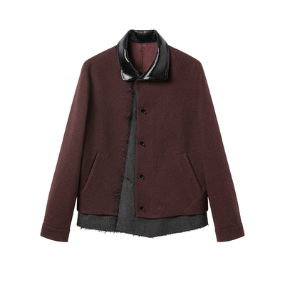 芸蚁〔县城诗人〕多形态特殊仿毛呢撞色拼接须边可水洗皮领夹克