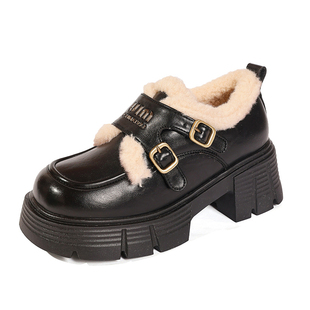 2025年冬季新款加绒厚底方跟乐福鞋女英伦风双扣带保暖增高小皮鞋