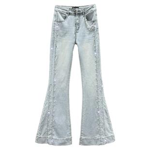 欧货牛仔喇叭裤女2025年夏季新款棉弹高腰修身显瘦钉珠镶钻加长裤